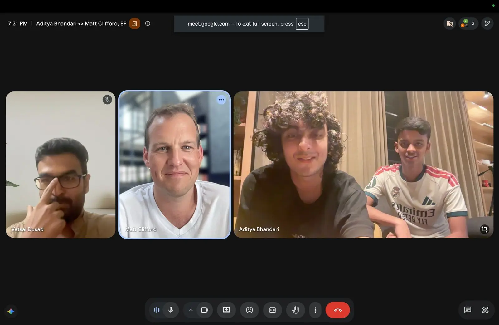 A video call between Matt Clifford, Mony, and Chaitanya